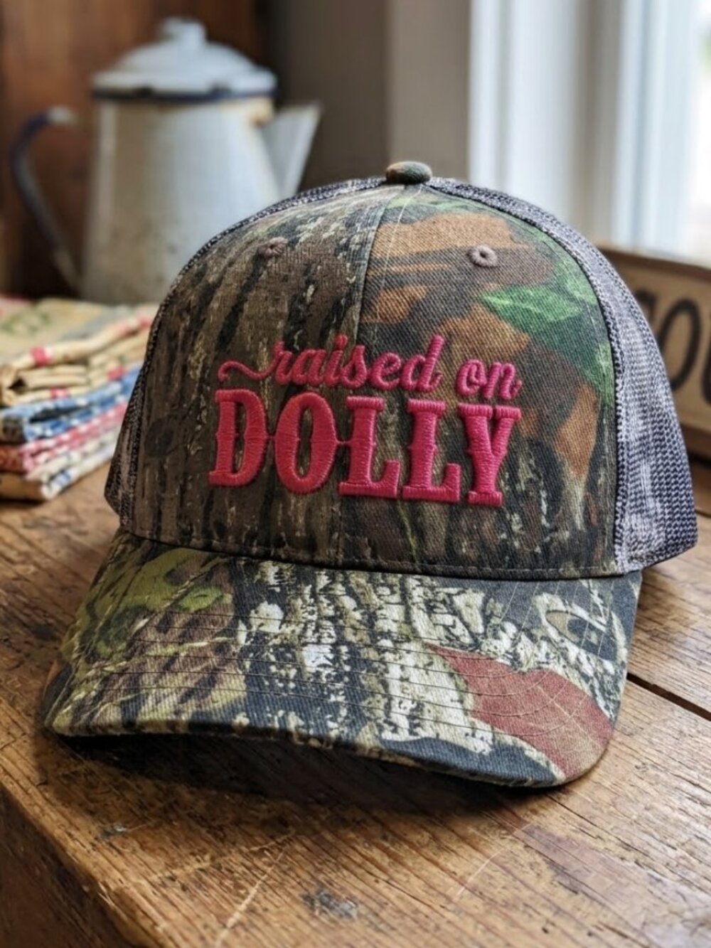 Retro Raised On Dolly Hat Pink Camo Embroidered Mesh Trucker Snapback Cap USA Ne
